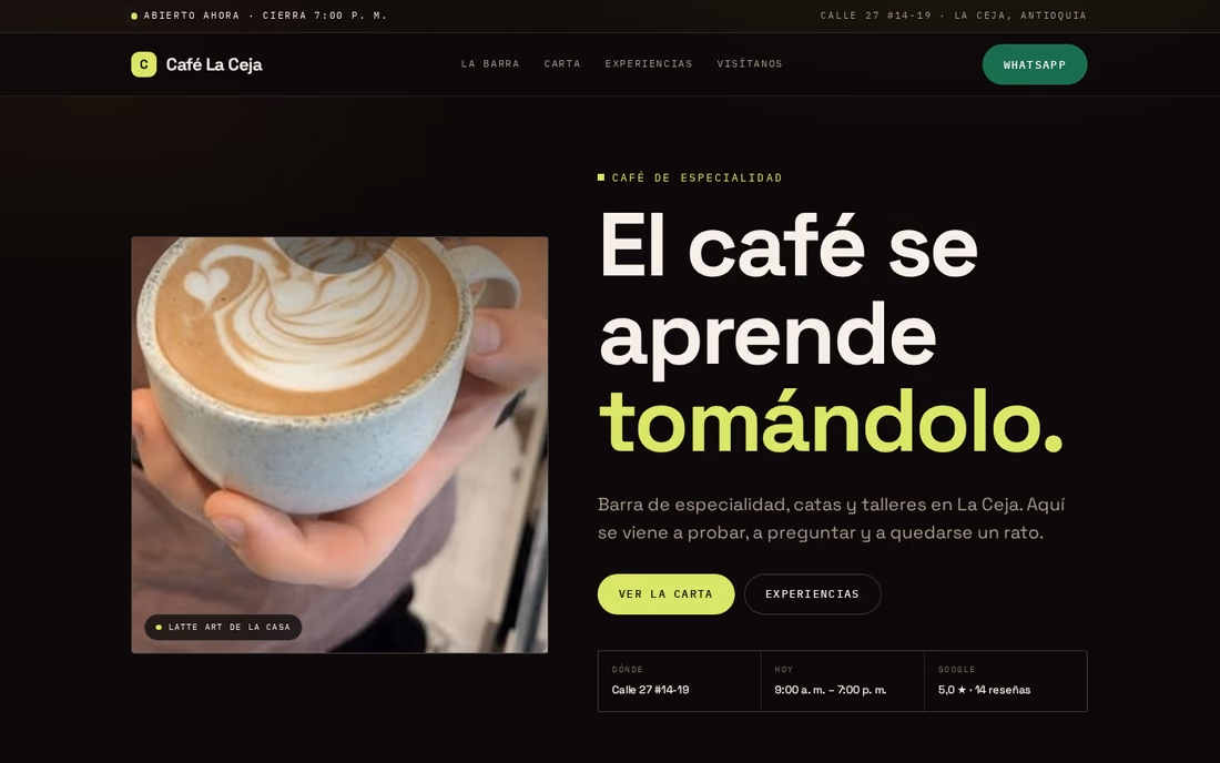 Café La Ceja: portada oscura con taza de café y acento lima