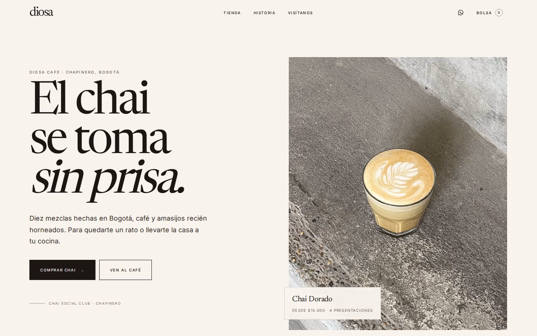 Diosa Café: portada editorial color crema con taza de chai