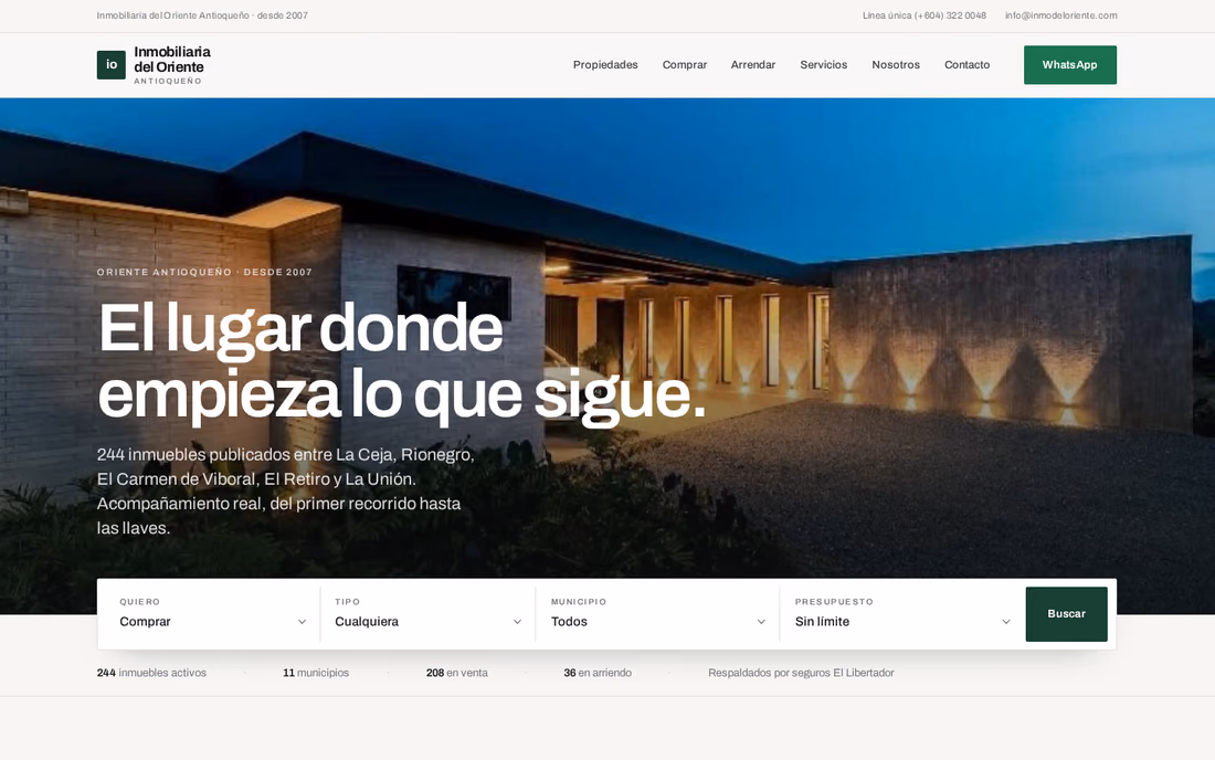 Inmobiliaria del Oriente: portada con foto de casa al atardecer